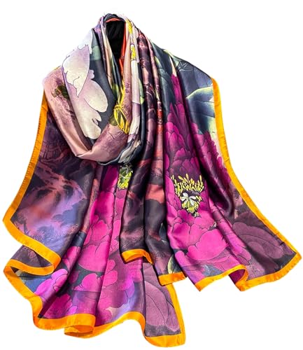 Womens 100% Large Mulberry Silk Scarf Long Satin Scarf Fashion Lightweight Wraps - color: Flowers and Painting