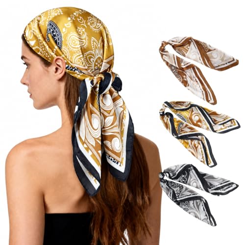27" Head Scarf Like Satin Silk for Women,Hair Scarves Bandana,Headband Silk Feeling for Hair Wrap - color: White+brown+black