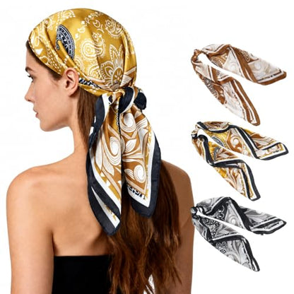 27" Head Scarf Like Satin Silk for Women,Hair Scarves Bandana,Headband Silk Feeling for Hair Wrap - color: White+brown+black