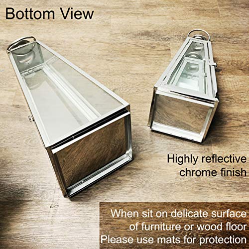 Allgala 3-PC Lantern Set 24 Inch Jumbo Deluxe Modern Indoor/Outdoor Candle Lantern Set Silver Chrome Stainless Steel Tapered Trapezoid Frame with Tempered Glass for Garden Patio Fireplace Wedding - color: Taper Silver