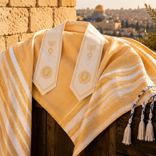 The Holy Promise Messianic Prayer Shawl-72 x22 Christian Tallit with Biblical Verses-Includes Carrying Bag - color: Gold/Beige