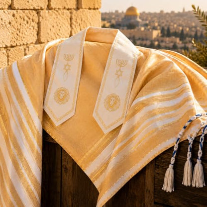 The Holy Promise Messianic Prayer Shawl-72 x22 Christian Tallit with Biblical Verses-Includes Carrying Bag - color: Gold/Beige