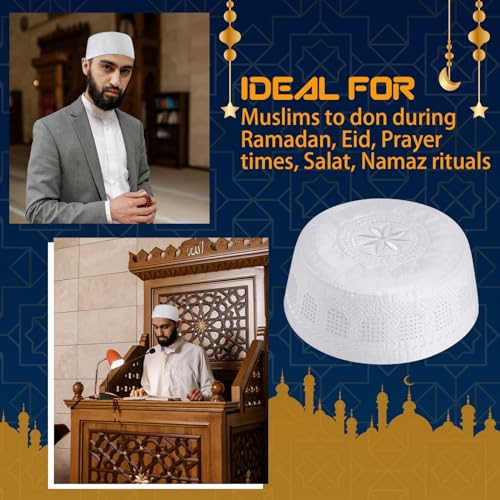 Eid Muslim 기도 Kufi 모자 남성용 기도 모자 모자 이슬람 비니 스컬 캡 자수 코피아 토피 6개 - style: 우아함