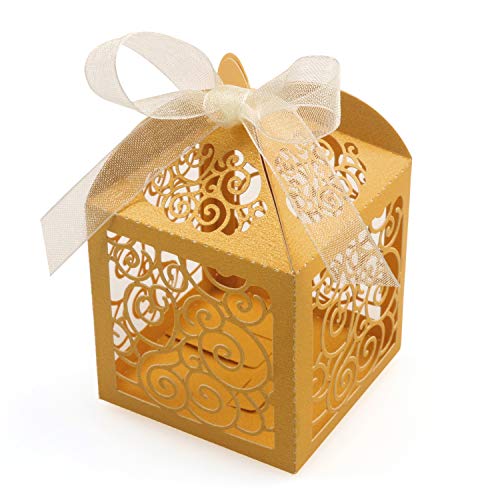 KPOSIYA 100 Pack Wedding Favor Boxes Laser Cut Boxes Party Favor Box Small Gift Boxes Lace Candy Boxes for Wedding Bridal Shower Baby Shower Birthday Party Anniverary with Ribbons (Gold, 100) - color: Gold 100