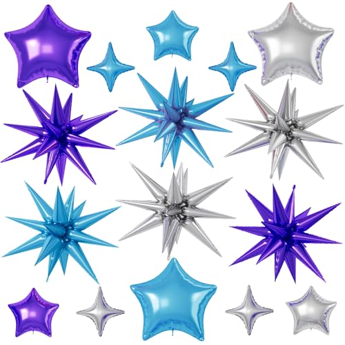 Blue Purple Silver Star Balloons, 22/18/10 Inch Foil Balloons, Four-Pointed Balloon for Boy Men Birthday Graduation Wedding Baby Shower Galaxy Space Party Decorations - color: Blue Purple Silver