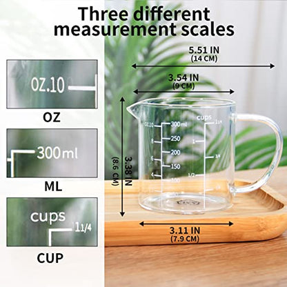 77L Glass Measuring Cup, 300 ML Clear Liquid Measuring Cup with V-Shaped Spout and Three Scales, High Borosilicate Glass Beaker with Handle for Kitchen or Restaurant (0.3 Liter, 1 1/4 Cup)