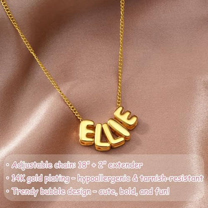 Ldurian Personalized Bubble Name Necklace, Tiny Name Plate Pendant Necklace, 14K Gold Plated Charm Cute Pre-made Jewelry for Women - size: 11 Adriana
