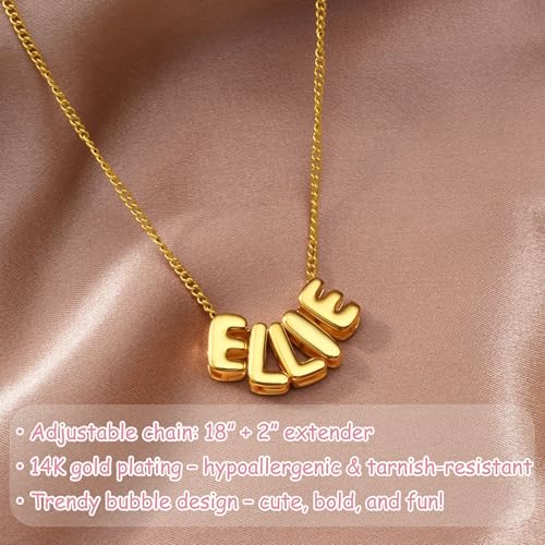 Ldurian Personalized Bubble Name Necklace, Tiny Name Plate Pendant Necklace, 14K Gold Plated Charm Cute Pre-made Jewelry for Women - size: 12 Aileen