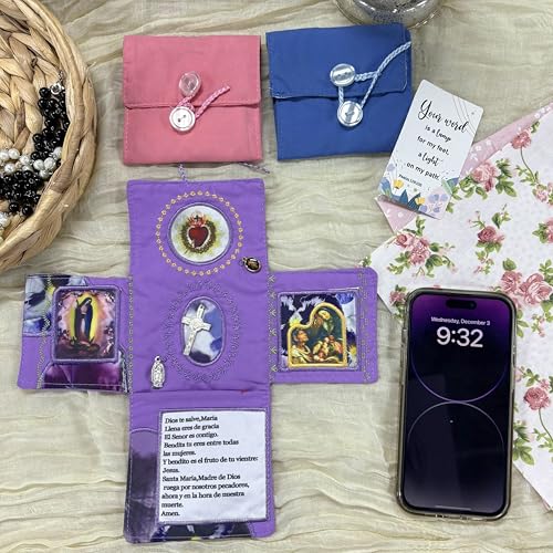 Onism Pocket Prayer Quilt with Cross, 3 Pack Spanish, Pink Blue Purple Set | Handcrafted handheld shrine, soft velvet backing, scripture verses inside, baptism keepsake for women, portable travel altar - color: 3pcs Pink、purple、blue – Large (No Pocket)