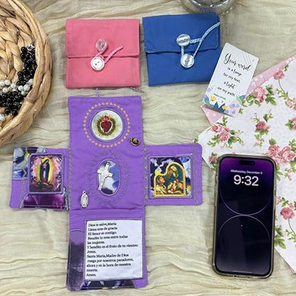 Onism Pocket Prayer Quilt with Cross, 3 Pack Spanish, Pink Blue Purple Set | Handcrafted handheld shrine, soft velvet backing, scripture verses inside, baptism keepsake for women, portable travel altar - color: 3pcs Pink、purple、blue – Large (No Pocket)