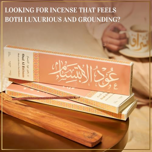 Oud Al Ibtisam Incense Sticks by Dukhni – Floral Oudh Scent | Agarwood Arabian Charcoal Free Incense I 90 Long-Lasting Oud Sticks | Organic & Non Toxic I Relaxing Aroma for Home, Aromatherapy, Prayer