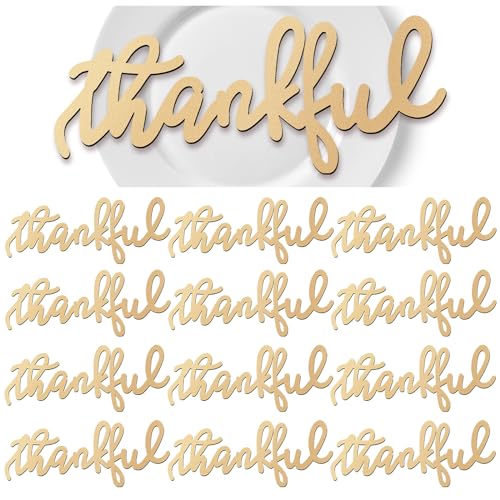 12 Pcs Thanksgiving Wood Cutout Sign Thankful Grateful Blessed Togather Plate Word Table Sign Fall Dining Table Letter Signs and Ornament for Home Wall Decor(Thankful) - color: Gold, style: Thankful
