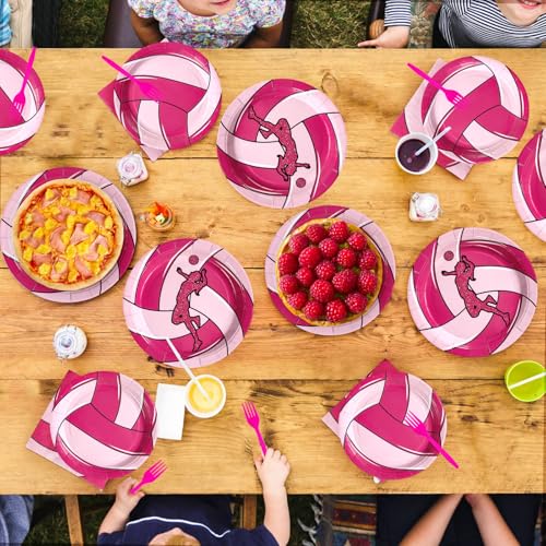 Grencian 96Pcs Pink Volleyball Party Supplies Volleyballs Paper Plates and Napkins Sports Birthday Party Disposable Tableware for Girl Volleyball Birthday Decorations Serves 24 - style: Pink Volleyball Party