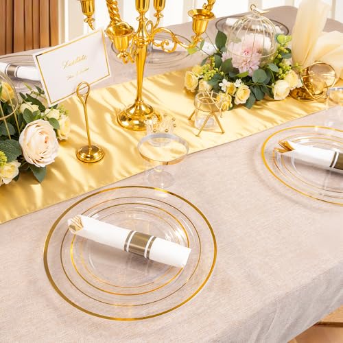 175PCS Clear Gold Plastic Dinnerware Set for 25 Guests, Fancy Disposable Plates for Party, Include: 25 Dinner Plates, 25 Dessert Plates, 25 Pre Rolled Napkins with Gold Silverware, 25 Cups - color: Clear and Gold