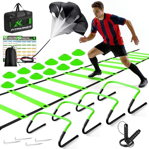 Agility Ladder, Soccer Football Training Equipment Set - 20ft Speed Ladder, 4 Hurdles,Parachute, 12 Cones & Jump Rope | Agility & Speed Training for Kids Youth Adults,Basketball & Football Accessories - color: Green