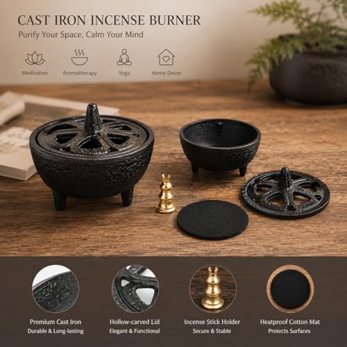 Cast Iron Incense Burner with Fireproof Cotton, Bakhoor Burner for Resin, Charcoal, Cones & Sticks, Meditation & Yoga Decor