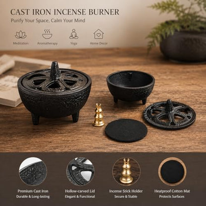 Cast Iron Incense Burner with Fireproof Cotton, Bakhoor Burner for Resin, Charcoal, Cones & Sticks, Meditation & Yoga Decor
