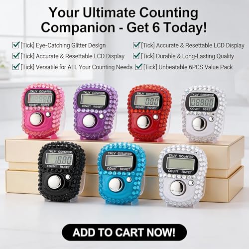 INSYOHO 6PCS Electronic Finger Counter with Glitter - 5 Digit Resettable Hand Tally, LCD Digital Clicker for Tasbeeh, Sports, Inventory Counting