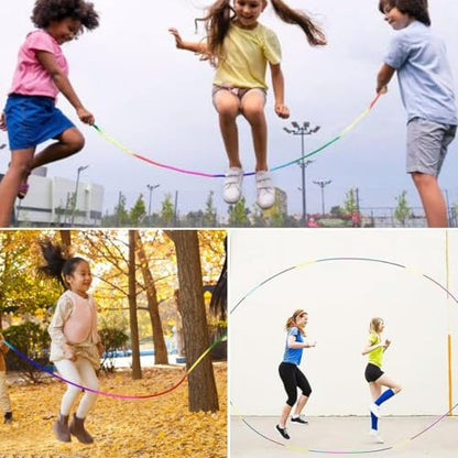 Long Jump Rope for Kids 16 FT Adjustable Skipping Rope Multiplayer Rainbow Jumping Rope with Wooden Ball Handle for School and Outdoor Activities