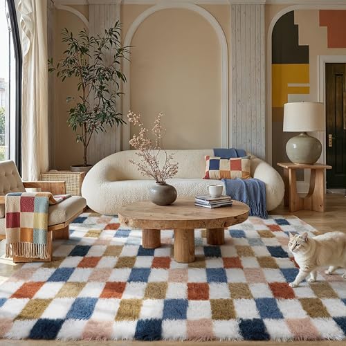 PureCozy Checkered Area Rug 6x9 for Living Room Soft Fluffy Shag Carpet - color: Rainbow, size: 6' x 9' (Rectangular)