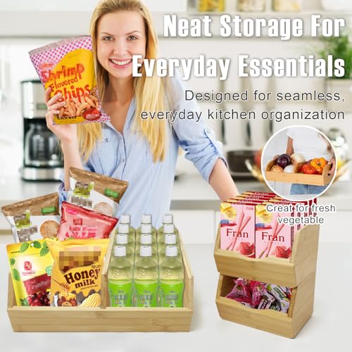 MinBoo Bamboo Stackable Pantry Storage Bins Potato and Onion Storage,Fruit Basket for Pantry Organization,Fruit Bowl for Kitchen Counter,Fruit and Vegetable Storage (Bamboo)