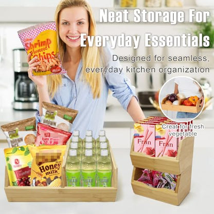 MinBoo Bamboo Stackable Pantry Storage Bins Potato and Onion Storage,Fruit Basket for Pantry Organization,Fruit Bowl for Kitchen Counter,Fruit and Vegetable Storage (Bamboo)