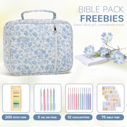 Bible Cover Case for Women Large Bible Cover with Durable Handle Quilted Bible Carrying Case for Girls Bible Study Supplies Accessories (Blue Flower, Blue Flower) - color: Blue Flower