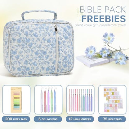 Bible Cover Case for Women Large Bible Cover with Durable Handle Quilted Bible Carrying Case for Girls Bible Study Supplies Accessories (Blue Flower, Blue Flower) - color: Blue Flower
