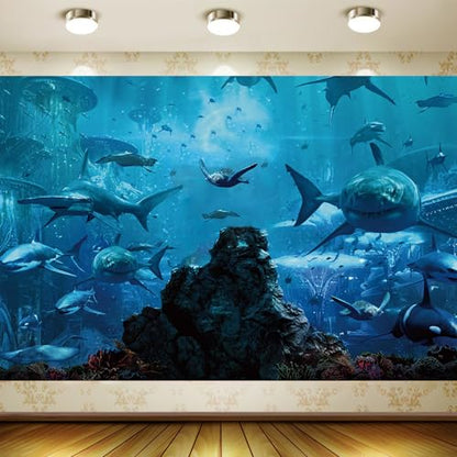 7x5FT Shark Under The Sea World Photo Backdrop Aquarium Reef Photography Background Banner Polyester Fabric Studio Props Booth Video Shooting Decorations Supplies