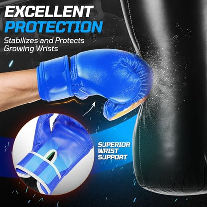 Flexzion Boxing Gloves for Kids 4oz – Training Punching Bag Mitts, Kid Boxing Gloves with Faux Leather & Wrap-Around Wrist Protection for Boys & Girls Ages 3-8 Years - color: Blue Blaze