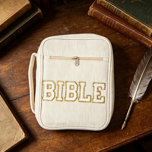 Bible Versatile Storage Carrying Case with Zippered Pocket Beige and Portable Carry Handle, Corduroy Material Bible Pouch with Dedicated Pen Slots for Temple Scriptures