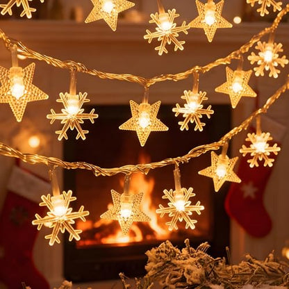 New Year Stars and Snowflakes Hanging String Lights, 20 LED Durable Warm Yellow Fairy Lights,Winter Birthday Mubarak Ramadan Kareem Patio Wedding Party Window Wall Indoor Outdoor Xmas Tree Decorations