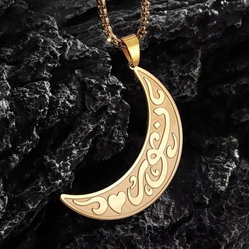 Beautiful Stainless Steel Ayatul Kursi Moon Pendant Islamic Muslim Necklace Arabic Religious Allah Quran Ramadhan Jewelry Gift (golden)
