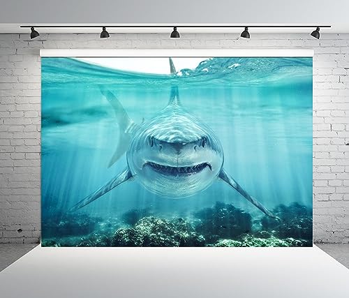 BELECO 8x6ft Fabric Shark Under The Sea Backdrop Underwater World Ocean Aquarium Background Shark Theme Party Decorations Banner Birthday Photoshoot Studio Props Wallpaper - size: 8x6FT
