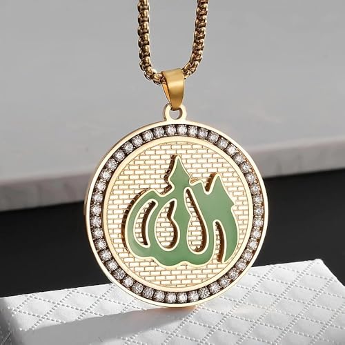 Stainless Steel Islamic Muslim Rune Allah Medal Pendant Necklace for Men Women Fashion Lucky Amulet Jewelry - color: golden