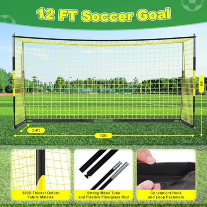 Soccer Goal 12×6 ft /16×7 ft Portable Soccer Goals Net for Backyard | Quick Setup Training Equipment, with Carry Bag, 4 Ground Nails, 12 Training Cones - color: 12×6FT Black Yellow