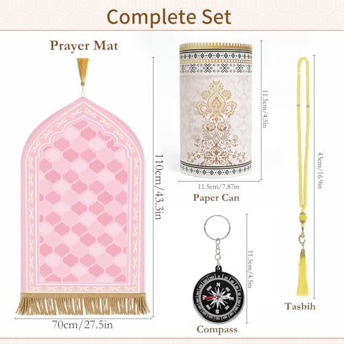 Prayer Mat Ramadan Gifts - Light Pink Prayer Rug Islamic Praying Tasbih Beads Compass, Muslim Praying Carpet for Women Eid Salah Namaz Meditation, Gifts for Eid Ramadan - color: Pink