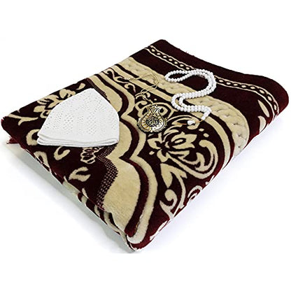 Modefa Turkish Islamic Velvet Prayer Rug - Thick & Wide Soft Praying Carpet for Men & Women - Large Prayer Mat - Eid & Ramadan Gift - with Kufi Cap, Beads & Car Hanger - Double Plush (Floral Red) - color: Floral Arch - Red