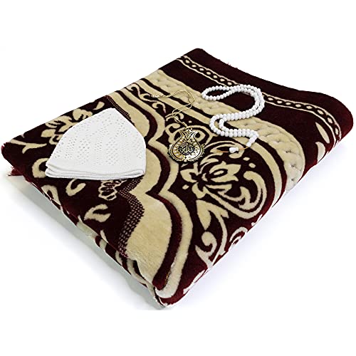Modefa Turkish Islamic Velvet Prayer Rug - Thick & Wide Soft Praying Carpet for Men & Women - Large Prayer Mat - Eid & Ramadan Gift - with Kufi Cap, Beads & Car Hanger - Double Plush (Floral Red) - color: Floral Arch - Red