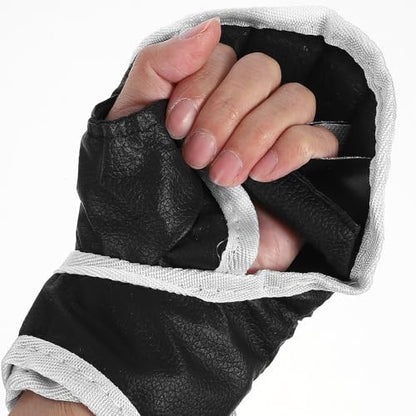POPETPOP Half-Finger Boxing Gloves and Wrist Wraps, Breathable Cloth Kickboxing Training Sparring Gloves for Gym and Bag Work, 1 Pair Black Protective Hand Wraps for Martial Arts