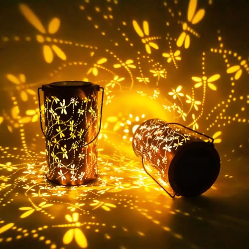 YISITEONE Dragonfly Outdoor Solar Lanterns, Garden Waterproof Metal Hanging Decor Lights for Patio Yard Pathway Lawn Front Porch, Birthday Gardening Gifts for Women Mom Grandma - style: Dragonfly