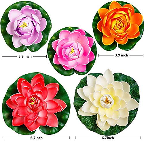 14Pcs Artificial Lily Pads and Artificial Lotus Flower | 9Pcs Fake Lily Pads, 5pcs Artificial Foam Lotus Flower for Pool Garden Koi Fish Pond Aquarium Wedding Decor - size: 11 inches, 6 inches