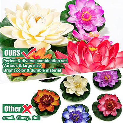 14Pcs Artificial Lily Pads and Artificial Lotus Flower | 9Pcs Fake Lily Pads, 5pcs Artificial Foam Lotus Flower for Pool Garden Koi Fish Pond Aquarium Wedding Decor - size: 11 inches, 6 inches