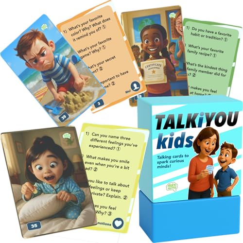 Talkiyou Kids Conversation Cards – 60 Picture Prompts & 240 Open-Ended Questions for Kids Ages 5-12 – Spark Imagination, Emotions & Meaningful Talks – Screen-Free Family Game
