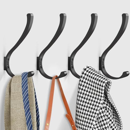 4 Pack Wall Hooks, 5.6 in Large Heavy Duty Black Coat Hooks Wall Mount Metal Towel Hooks Holder Coat Hanger Double Hooks with Screws Robe Hook for Hanging Clothes, Towel, Backpack, Bag, Hat