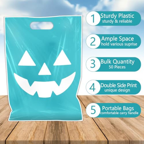 Falueqg Halloween Teal Pumpkin Favors Bags - 50 Pcs Halloween Trick or Treat Goodie Bags with New Teal Pumpkin Design, Party Supplies Plastic Gifts Pouches for Family Gathering Celebration - color: Halloween Teal Pumpkin