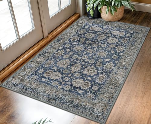 KOZYFLY 3x5 Entryway Rug Washable Vintage Area Rug Floral Blue - color: Blue, size: 3' x 5' (Rectangular)