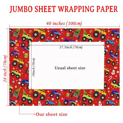 Cuitpan Red Monster Truck Christmas Wrapping Paper - Xmas Gift Wrap with Holiday Trees, Snowmen & Gingerbread Men Design - Ideal for Kids & Adults Gift Wrapping - 40×28 Inches, 4 Folded Sheets - color: Red-Monster Truck Christmas