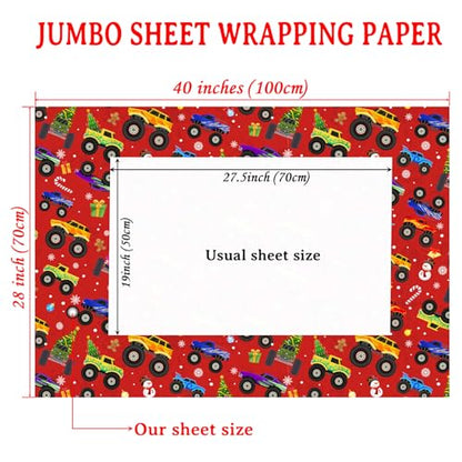 Cuitpan Red Monster Truck Christmas Wrapping Paper - Xmas Gift Wrap with Holiday Trees, Snowmen & Gingerbread Men Design - Ideal for Kids & Adults Gift Wrapping - 40×28 Inches, 4 Folded Sheets - color: Red-Monster Truck Christmas