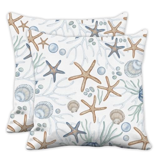 Ocean Coral Pillow Covers 18x18 in Summer Coastal Pillow Covers 18x18 Set of 2 Fresh Seaside Starfish Shell Pillows Cover Blue Brown Pillows Cover Watercolor Blue sea Beach pillowcover - color: Summer Sea Starfish Shell